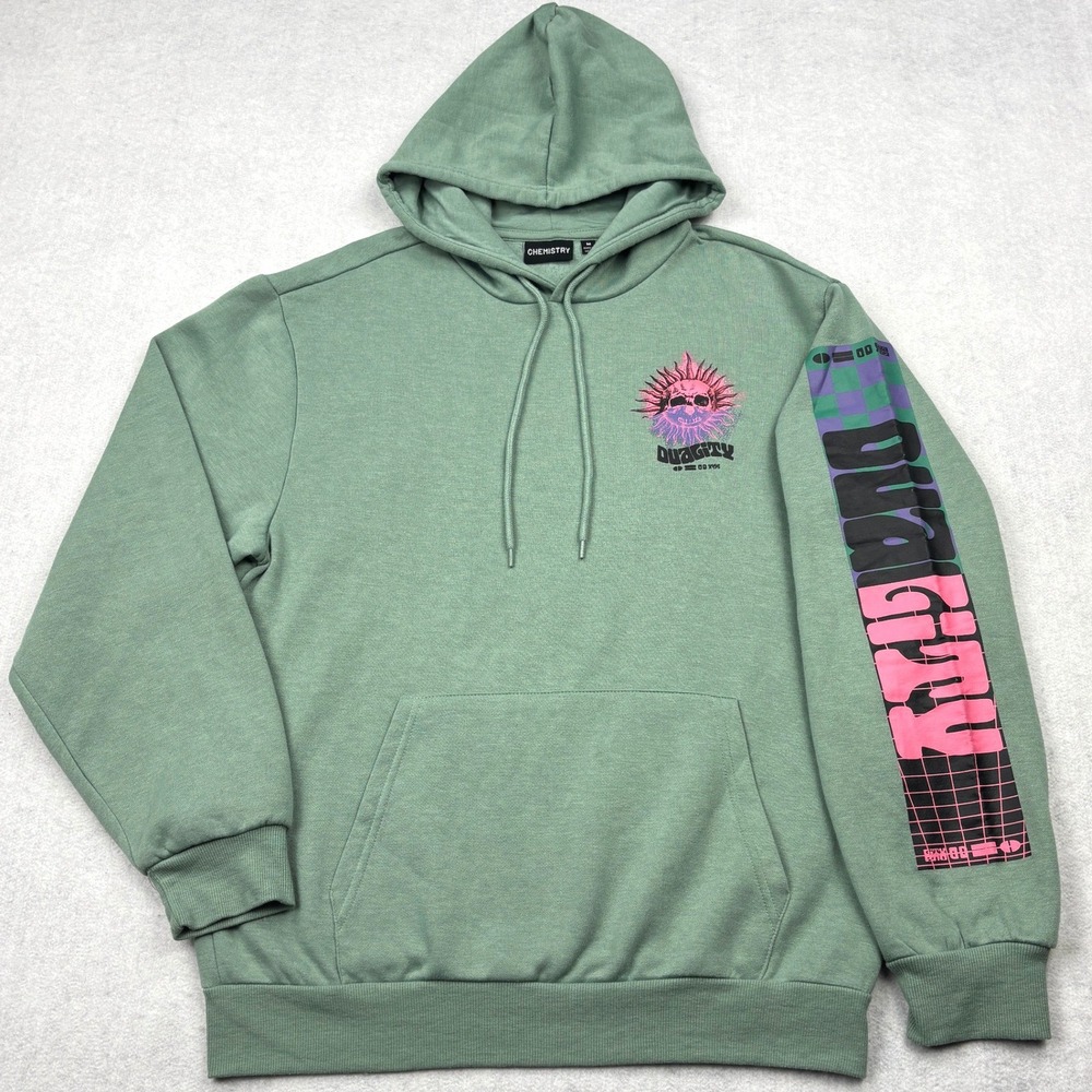 Chemistry Mens Medium Duality Graphic Pullover Hoodie Sage Green Skull Synthwave